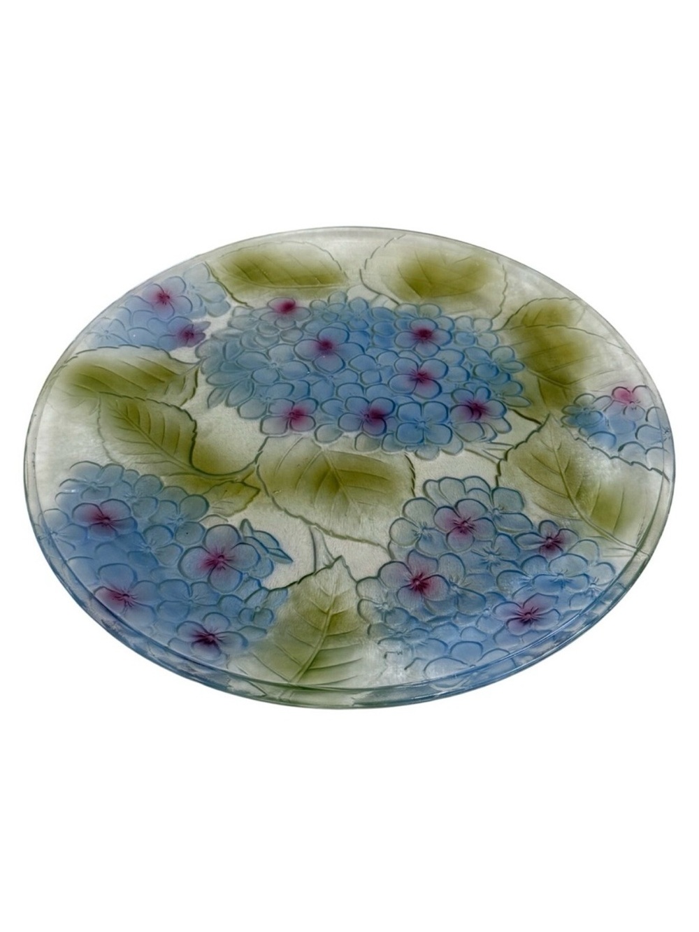 Vintage Blue Hydrangea Embossed Glass Serving Platter Round Floral Plate 13 inch